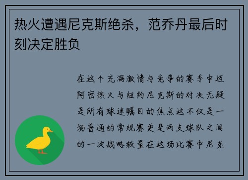 热火遭遇尼克斯绝杀，范乔丹最后时刻决定胜负
